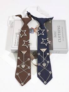 1 pièce Cravate sans nœud en forme d'étoile avec strass pour femme, décoration de chaîne en métal en forme de cœur, cravate d'uniforme JK, accessoire de chemise rétro doux et cool - Multicolore - Voir 5