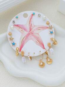 20pcs Fashion Simple Elegant Bohemian Starfish Shell Faux Pearl Pendant Gold Stud Earrings Set For Women, Summer Beach Vacation Date Party Holiday Birthday Gift, Versatile For Daily Wear - Yellow Gold - View 3