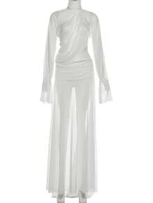 Conjunto de 2 piezas con diseño de aberturas para mujer, Tops de malla con cuello alto de retales, Tops de forma Irregular + faldas largas con cintura elástica fruncida - BLANCO - Ver 6