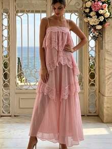 Women's Lace Asymmetrical Elegant Long Ruffle Hem Maxi Dress, Sleeveless Fashion Graduation Prom Party Evening Gown Wedding, For Her Fall - Baby Pink - View 7