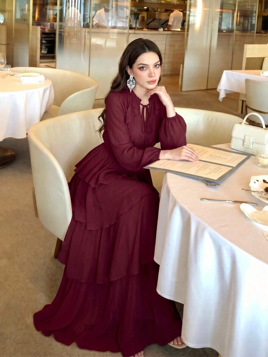 女款新款純色優雅小立領長袖蛋糕層拼接設計時尚奢華收腰顯瘦大裙擺洋裝 純色優雅派對荷葉邊亮片拼接百褶蕾絲/荷葉邊婚禮沙灘 - 酒紅色 - 查看 1