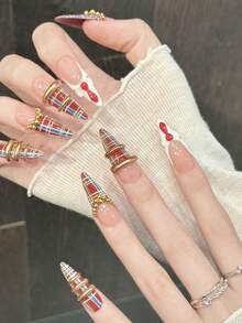 10pcs Handmade Pressed Long Pointed Nail Tips, Exquisite Fake Nails, [Red Texture Style] Vintage Academic Style, Handmade Wearable Nails, Sweet And Cool Elegant, Light Luxury Heavy Craftsmanship Design, Suitable For Women - Gold - View 3