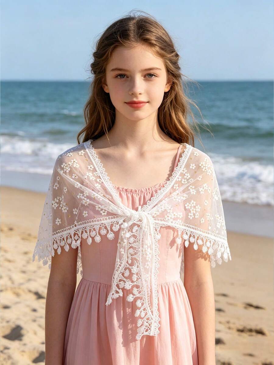 1pc Lightweight Floral Lace Triangle Shawl For Teens, Breathable Tassel Tie Front Sheer Cover-Up, Suitable For Beach, Music Festival And Daily Wear - 1PC - View 1