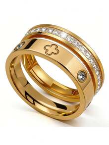 1pc Luxury Stainless Steel Clover Couple Ring With Inlaid Diamonds, Elegant Jewelry For Wedding And Daily Wear - Gold - View 5