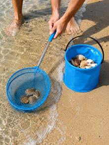 2pcs Stainless Steel Sieve Outdoor Beach Shell Collection Bucket Set, Includes Fishing Net And Foldable Bucket, Suitable For Collecting Shells, Catching Crabs And Other Outdoor Leisure Activities - 2PC - View 1