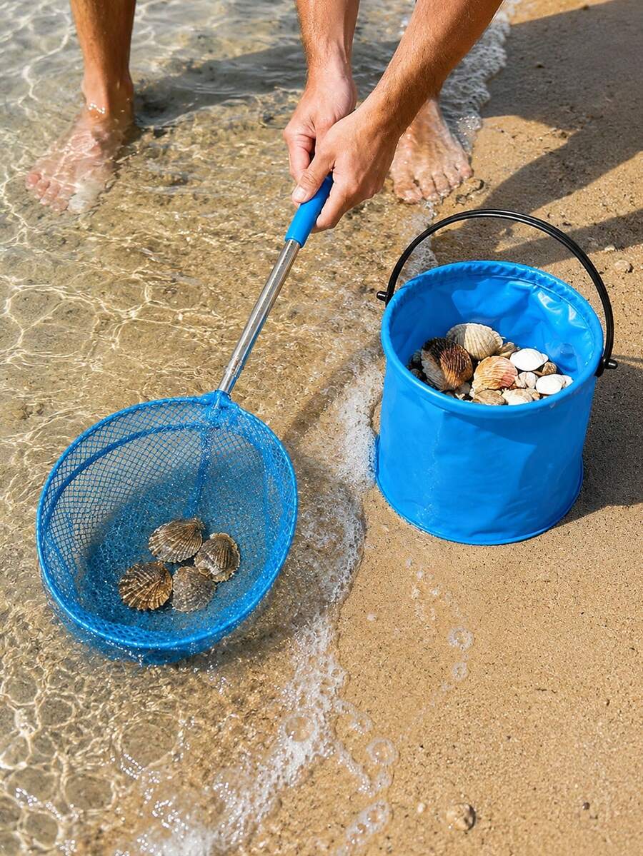 2pcs Stainless Steel Sieve Outdoor Beach Shell Collection Bucket Set, Includes Fishing Net And Foldable Bucket, Suitable For Collecting Shells, Catching Crabs And Other Outdoor Leisure Activities - 2PC - View 1