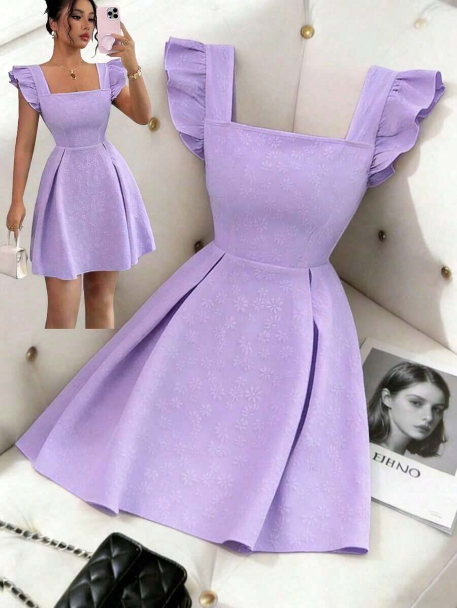 Vestido elegante estilo A con estampado floral, cuello cuadrado francés, mangas cortas, cintura ajustada y tono crema amarillent - Negro - Ver 1