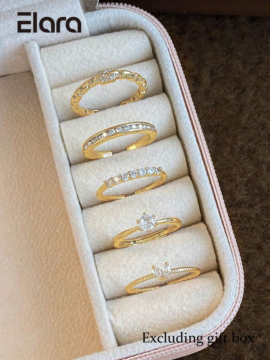 طقم خواتم نسائية 5 قطع من سبيكة النحاس بتصميم سلسلة مرصع بزركونيا مكعبة دقيقة، فاخر وأنيق وعالي الجودة، مفتوح وقابل للتعديل، فريد للاستخدام اليومي والحفلات والتجمعات (صندوق الهدايا غير مشمول) - ذهبي أصفر - مشاهدة 1