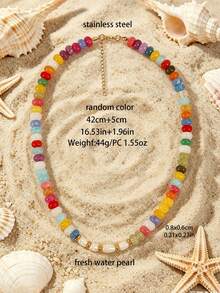 1 pieza Collar de cuentas de piedra natural geométrica redonda plana estilo bohemio europeo & americano con perla de agua dulce, accesorios de acero inoxidable, para mujeres, verano playa vacaciones - Collar de perlas y cuentas hecho a mano - Ver 11