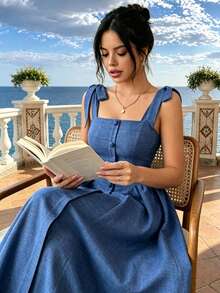 Blue Bow Strap Midi Dress, Square Neck Front Button Pleated Flowy Long Sundress For Women, High Waist A-Line Vacation Beach Dress - Blue - View 5