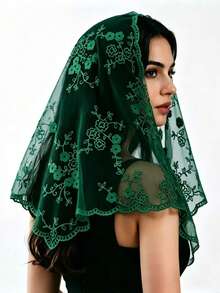1PC Women's Solid Color Floral Lace Triangle Scarf, Lace Mantilla Veil, Triangle Lace Veil, Minimalist Elegant Elegant Lightweight Sheer Triangle Scarf, Bridal Veil, Hollow Lace Trim Decorated Wedding Veil Headscarf, Boho Chic, Wedding Veil, Fashionable Versatile Suitable For Banquet, Ball, Outdoor Photography, Wedding, Match With Dress, Scarf Dress - Multicolor - View 7