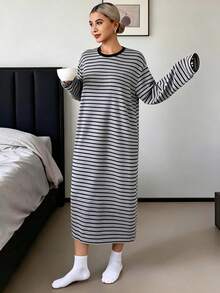 女款條紋印花休閒舒適長袖洋裝，柔軟舒適居家服洋裝，適合秋冬穿著 - 彩色 - 查看 3