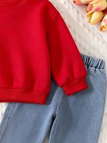 Baby Girl Cartoon Print Round Neck Long Sleeve Warm Sweatshirt And Denim Jeans - Red - View 5