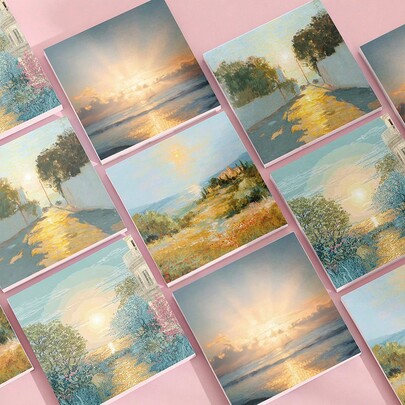 200/50 pièces Notes adhésives de peinture à l'huile de paysage, blocs-notes carrés de peinture de paysage impressionniste guérissant, 4 styles de beaux paysages de coucher de soleil et d'œuvres d'art pastorales, fond doux avec écriture claire, adhésion douce sans endommager le papier, convient pour le scrapbooking, le marquage de livres, les notes de bureau, la papeterie artistique, les cadeaux créatifs