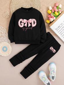 Toddler Bow Print Crew Neck Sweatshirt And Leggings - Black - View 1