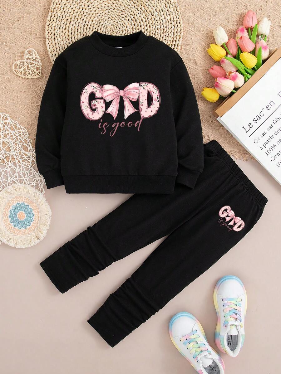 Toddler Bow Print Crew Neck Sweatshirt And Leggings - Black - View 1