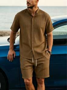 Conjunto de Camisa e Shorts Masculino JINYA para Verão, Estilo Mediterrâneo de Férias, Minimalista, Casual, Maduro, Vintage, Versátil, para Praia, Casa e Escritório - Multicolorido - Visão 1