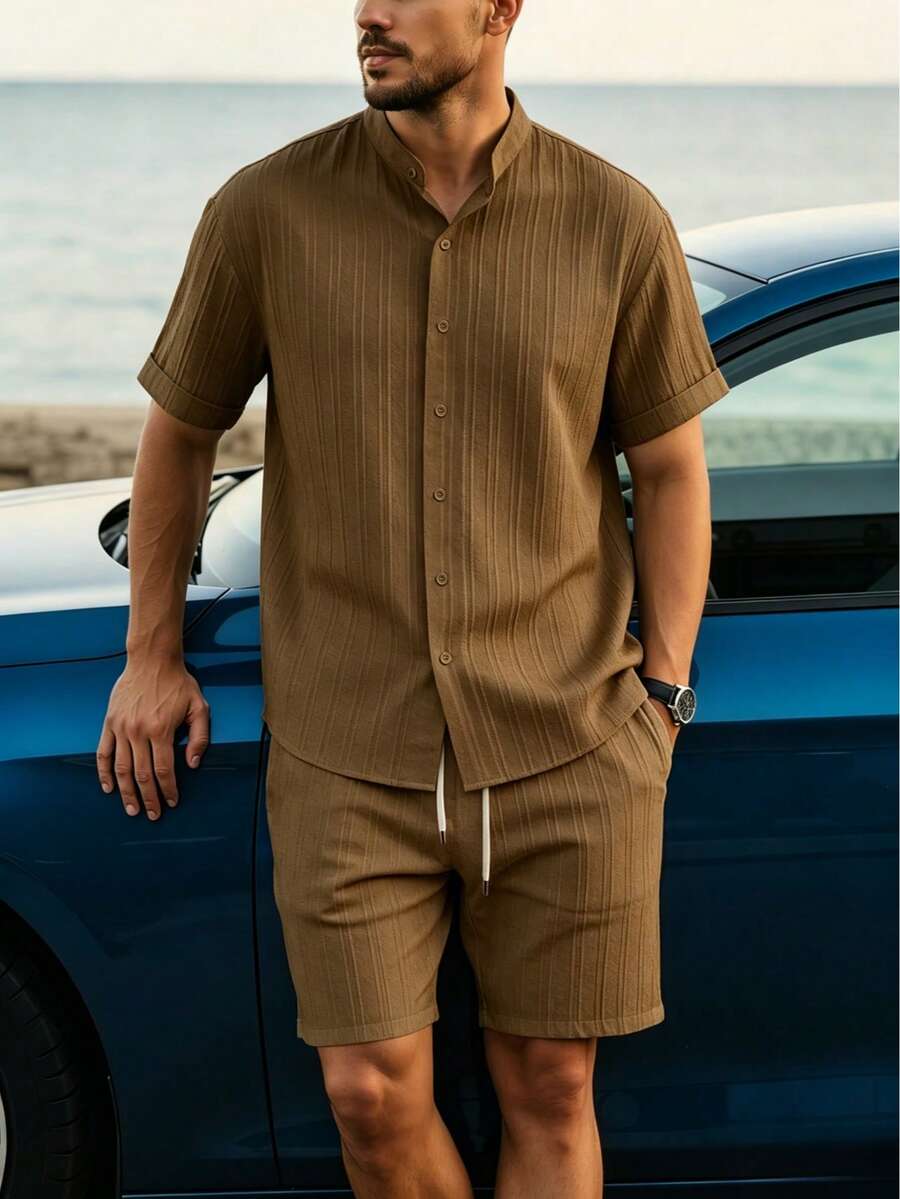 Conjunto de Camisa e Shorts Masculino JINYA para Verão, Estilo Mediterrâneo de Férias, Minimalista, Casual, Maduro, Vintage, Versátil, para Praia, Casa e Escritório - Multicolorido - Visão 1