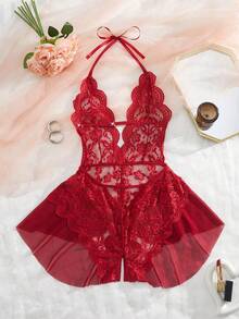 Body sexy de cuello alto sin espalda para mujer con encaje en la entrepierna y ribete de volantes - Rojo - Ver 6