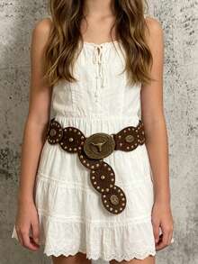 1pc BOHO Girls Waist Belt, BOHO Belts, Rodeo, Western Belts, Belts For Girl, Y2k Belt, Y2k Accessories, Street Punk Bull Head Metal Rivet Oval Patchwork Beige Belt, Match With Skirts, Pants, Sweaters, Shirts, Coats, Parties, Music Festivals - Brown - View 2