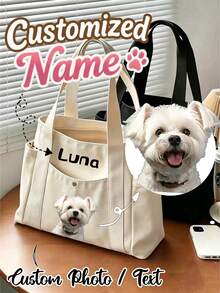 Personalized Pet Photo And Name Tote Bag, Large Capacity Shoulder Bag, Suitable For Work, Travel And School. Portable, Multi-Functional, Universal, Lightweight And Practical. Suitable For Anniversary, Holiday/Vacation And Other Occasions. Versatile, Cute, Simple And Interesting. Perfect Birthday, Anniversary And Valentine's Day Gift For Pet Lovers. - Multicolor - View 1
