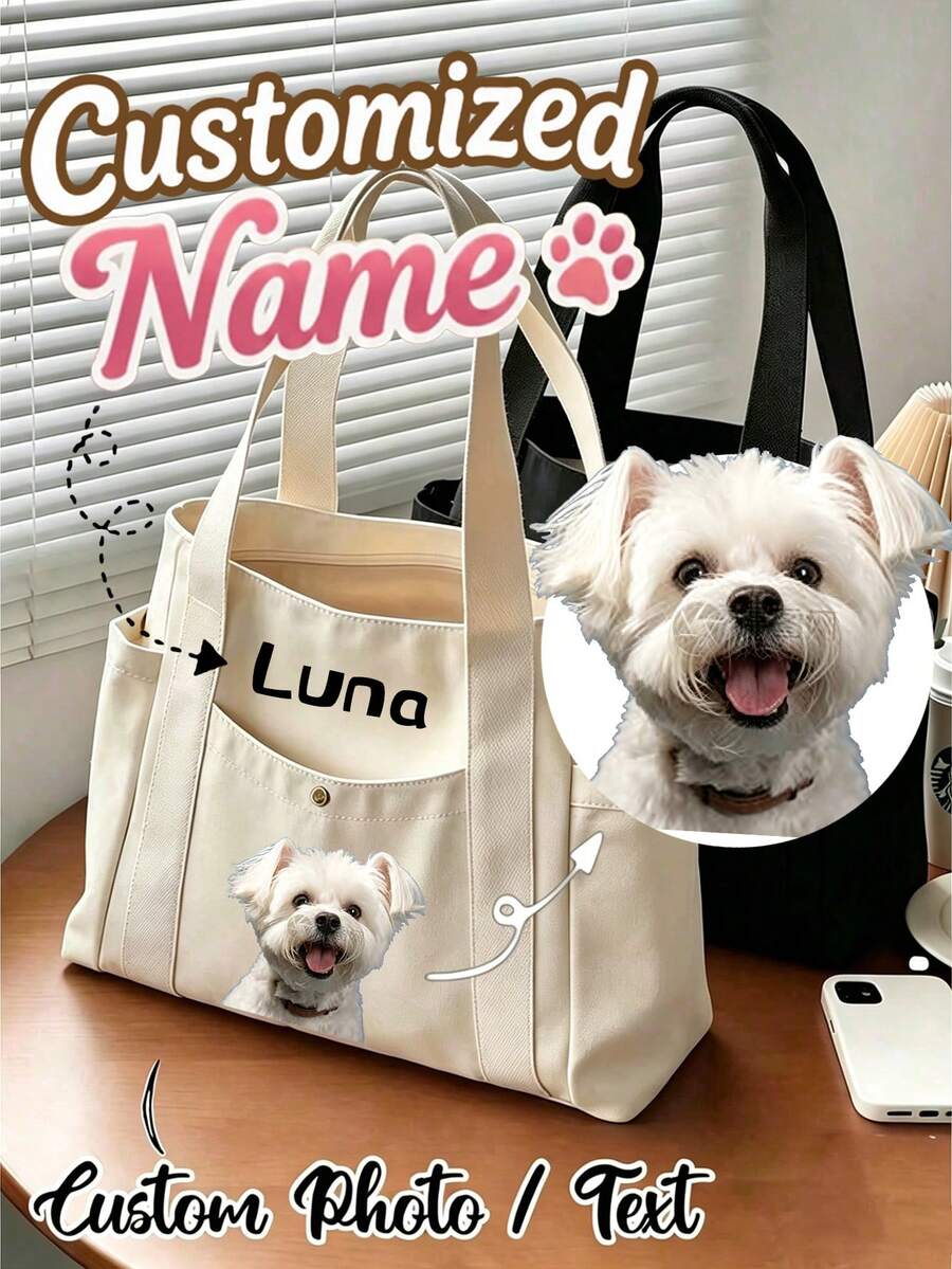 Personalized Pet Photo And Name Tote Bag, Large Capacity Shoulder Bag, Suitable For Work, Travel And School. Portable, Multi-Functional, Universal, Lightweight And Practical. Suitable For Anniversary, Holiday/Vacation And Other Occasions. Versatile, Cute, Simple And Interesting. Perfect Birthday, Anniversary And Valentine's Day Gift For Pet Lovers. - Multicolor - View 1