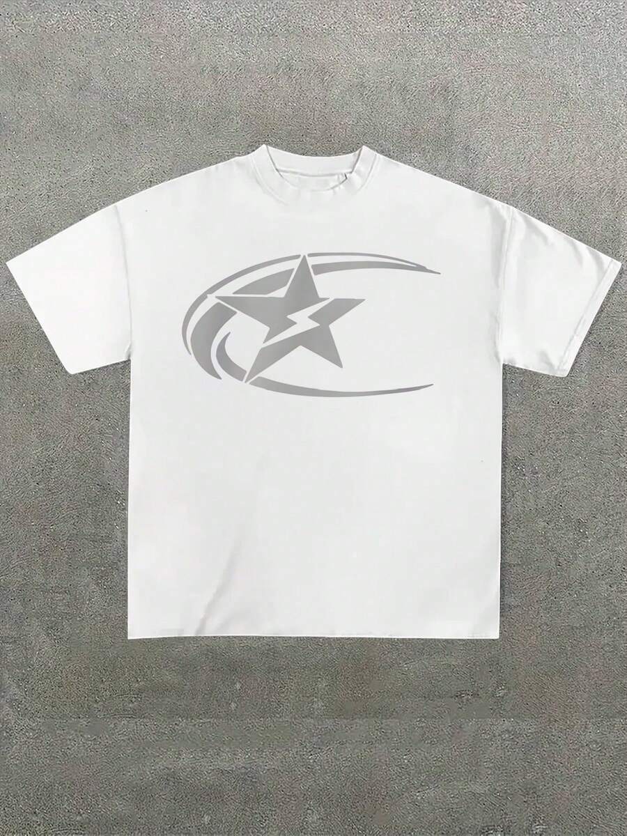 Camiseta con Estampado de Estrellas Y2k para Hombre, Talla Grande, (1 Pieza), 100% Algodón, Camiseta Casual Estampada, Cuello Redondo, Manga Corta, Camiseta de Algodón de 220g, para Salir, R - Blanco - Ver 1