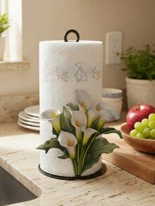 New Acrylic 2D Flat Printed Floral Art Paper Towel Holder With Wooden Base And Rod, Modern Home Decor Suitable For Holiday Decoration, Kitchen And Party - Multicolor - View 3