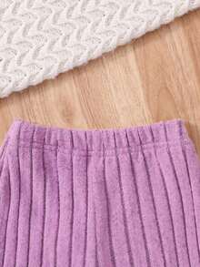 Girls Sweet Lady Style Purple Ribbed 3 Pieces Set: Colorful 3D Floral Decor Short Long Sleeve Cardigan + Solid Color Camisole + Elastic Waist Flared Pants, Daily Outfit For Little Girls - Mauve Purple - View 10