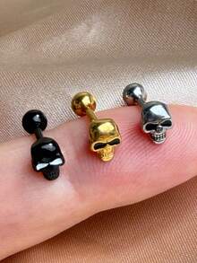 1 Peça Brinco de Pino Punk Gótico Dourado Preto Prata Mini Cabeça de Fantasma Caveira Costas Planas Cartilagem Antitrago Hélice Concha Lóbulo Piercing Joias Masculinas 16 Gauge - Um par de brincos de caveira esférica - Visão 1