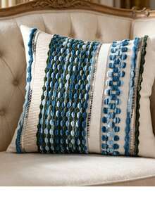Miater 1pc/2pcs Wabi-Sabi Style 3D Patchwork Plush Throw Pillow, Bohemian Textured Striped Woven Cushion, Creamy Style Living Room Sofa Removable Washable Square Pillowcase - Blue - View 6