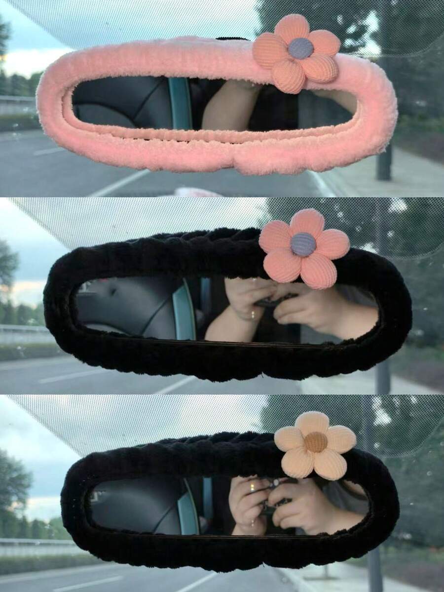 1pc Universal Plush Rearview Mirror Cover, Flower Plush Rearview Mirror Cover, Car Accessories, Car Decoration, Decorative Car, Gift, Protective Rearview Mirror Cover, Pink Car Rearview Mirror Protector, Cartoon Car Interior Decoration Accessories