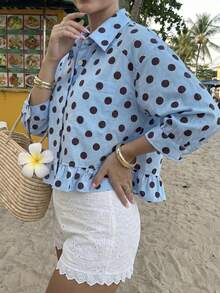 Women's Summer Elegant Blue Polka Dot Faux Linen Blouse, Summer, Holiday, Women's Beach, Women's Casual Shirt, Seaside, Polka Dot Front Shell Button Outing Top, Elegant Blouse, Vacation, Office, Social Top, Commute Top, Polka Dot Ruffle Blouse, Basic Shirt, Beach Fashion, Autumn - Baby Blue - View 4