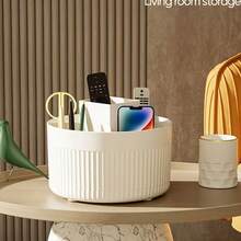360° Rotating Desktop Organizer Drawer Rack, Plastic Office Desktop Storage Box, 5-Compartment Design, Multi-Functional Pencil, Marker, Scissors And Stationery Storage, Back To School Supplies, Office Desktop Accessories, Odorless Striped Design - White - View 4