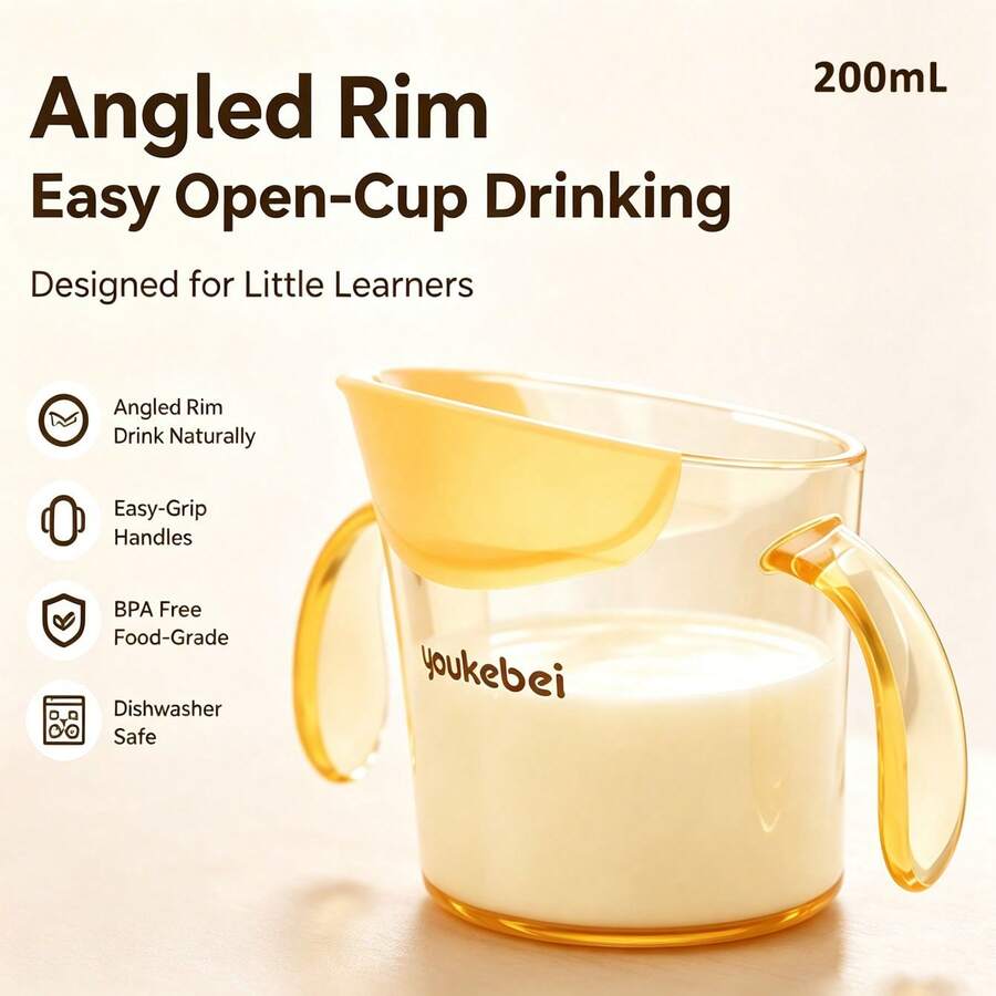 Taza de entrenamiento para bebé de 200ml de PPSU, taza abierta con borde inclinado para principiantes, borde de silicona suave, asas dobles, resistente al calor y a las caídas - Albaricoque - Ver 1