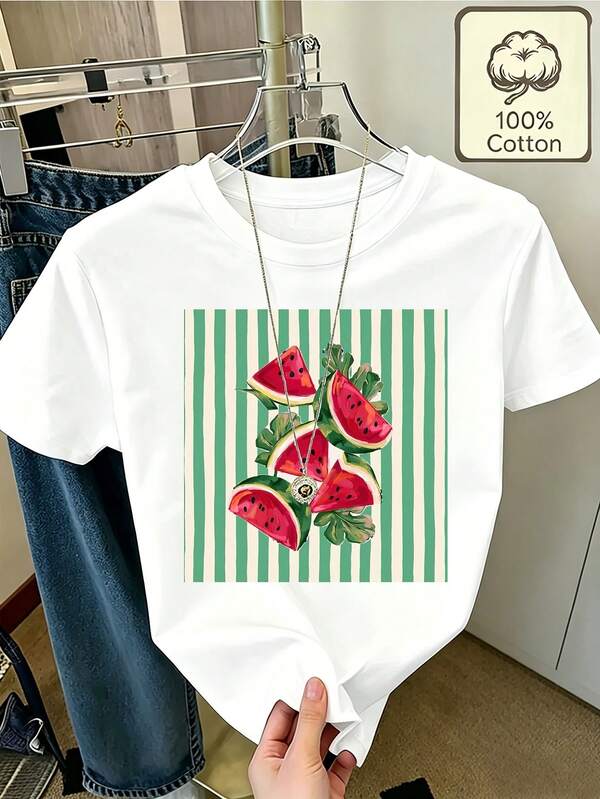 Camiseta vintage de manga curta com estampa de fatia de melancia, estampa refrescante de verão, moda feminina primavera-verão, camiseta feminina urbana, blusas de verão.