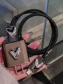 5pcs 3D Silver/Black Heart Design Charger Soft Shell Protective Case Suitable For IPhone 18/20W, Compatible With IPhone 16/16 Pro Max/15/14/13 Charger And Data Cable Protective Set - Transparent Black - View 11