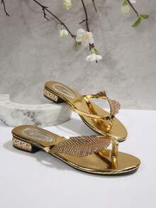 Women's Low Heel Flat Sandals Slippers, Beach Sandals, Flip Flops, Summer Rhinestone Leaf Crystal 2-In-1 Wear, Round Toe Square Heel - Golden Toe - View 3