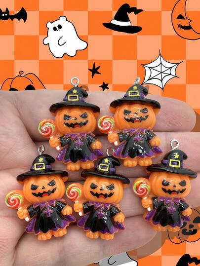 5pcs Resin Halloween Pumpkin Witch Holding Lollipop Figurines, Not Only As Decorations But Also For DIY Crafts, Perfect For Party Stationery Accessories, Clear And Beautiful Patterns, Suitable For School, Classroom, Home Use, Ideal Gift For Festivals, Birthdays, Parties, New Year