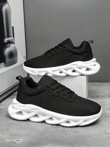 Men's Classic Fashion Black & White Contrast Lace-Up Low-Top Casual Sports Shoes, Blade Design Height-Increasing Sole Comfortable Versatile Training Running Shoes - White and Black - View 9
