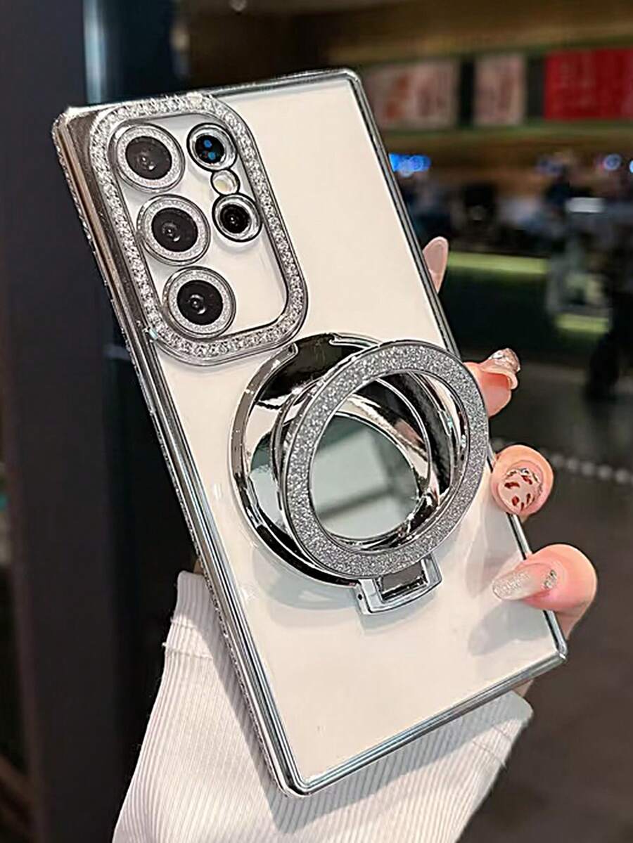 奢華亮片創意化妝鏡支架保護殼,適用於 Galaxy S26 S25 S24 S23 Ultra Plus,防摔保護殼,高品質防摔手機殼 - 銀色 - 查看 1