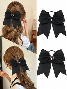 1pc Black Large Bow Hair Tie, Back To School ABC Pencil Apple Decor Ponytail Hair Tie, Teen Girl Hair Accessory, Home Decor Hair Accessory Gift - Black - View 1