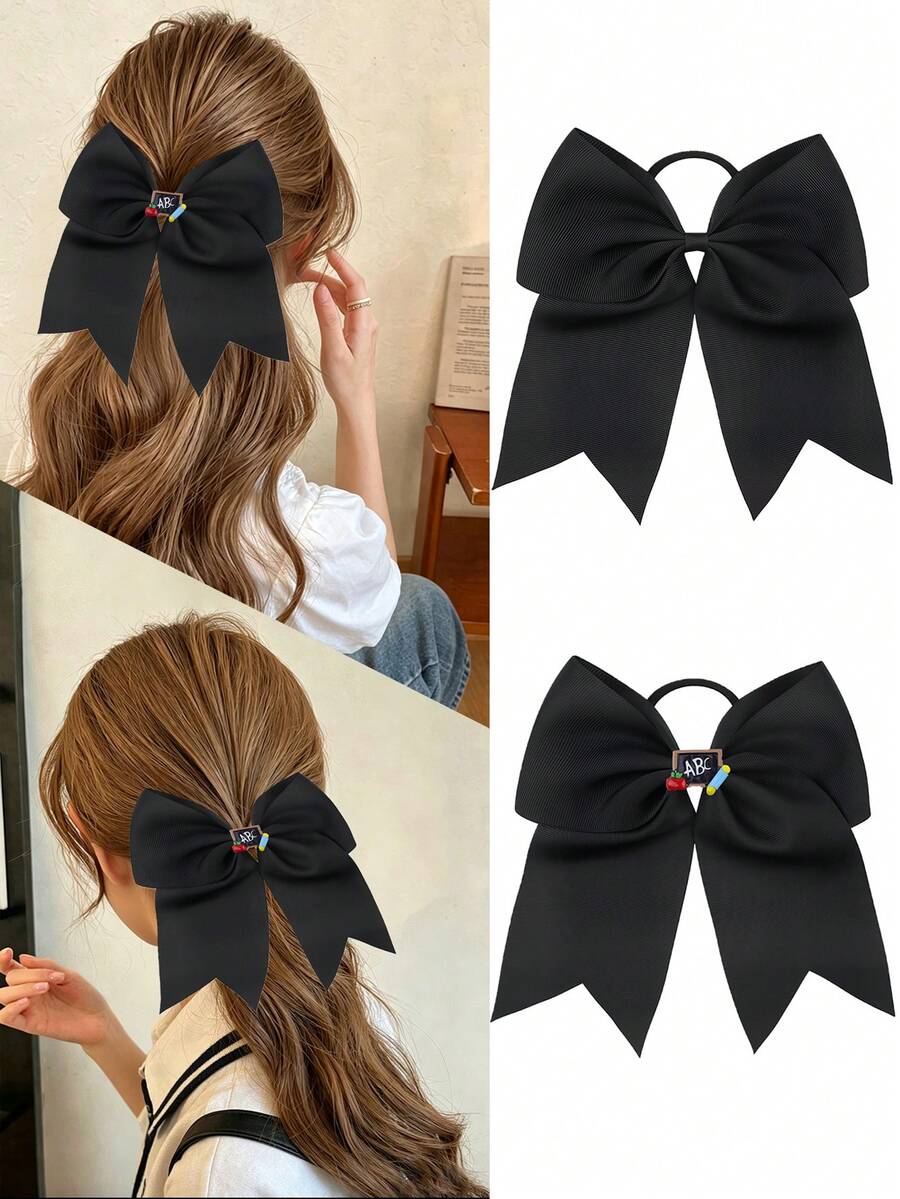 1pc Black Large Bow Hair Tie, Back To School ABC Pencil Apple Decor Ponytail Hair Tie, Teen Girl Hair Accessory, Home Decor Hair Accessory Gift - Black - View 1