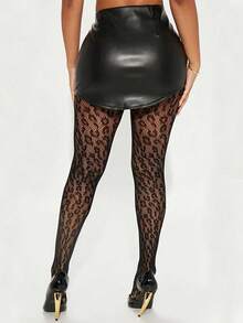 1pc Plus Size Women Sexy Leopard Print Mesh Stockings, Medium Stretch Fabric With Contrast Mesh Design - Black - View 4