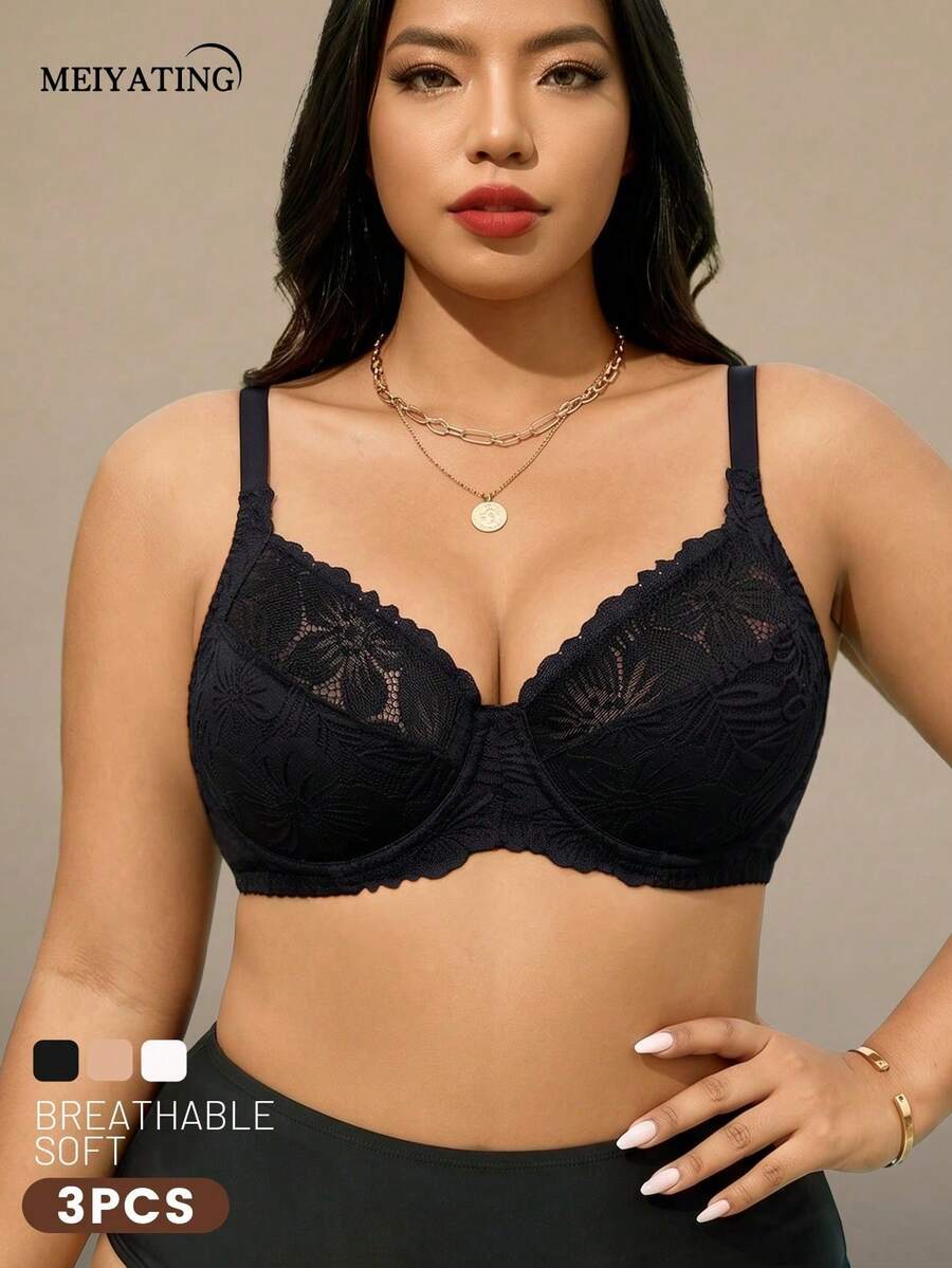 MEIYATING 3pcs/Set Women's Sexy Lingerie Push-Up Bra Floral Lace Thin U-Back