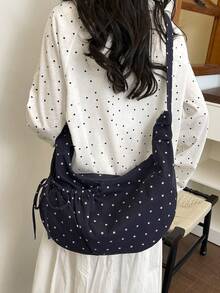 Practical Polka-Dot Drawstring Shoulder Bag, Personalized Classic Versatile Shoulder Bag, Light Daily Commute , Suitable For Shopping And Dating, Etc. - Black - View 3