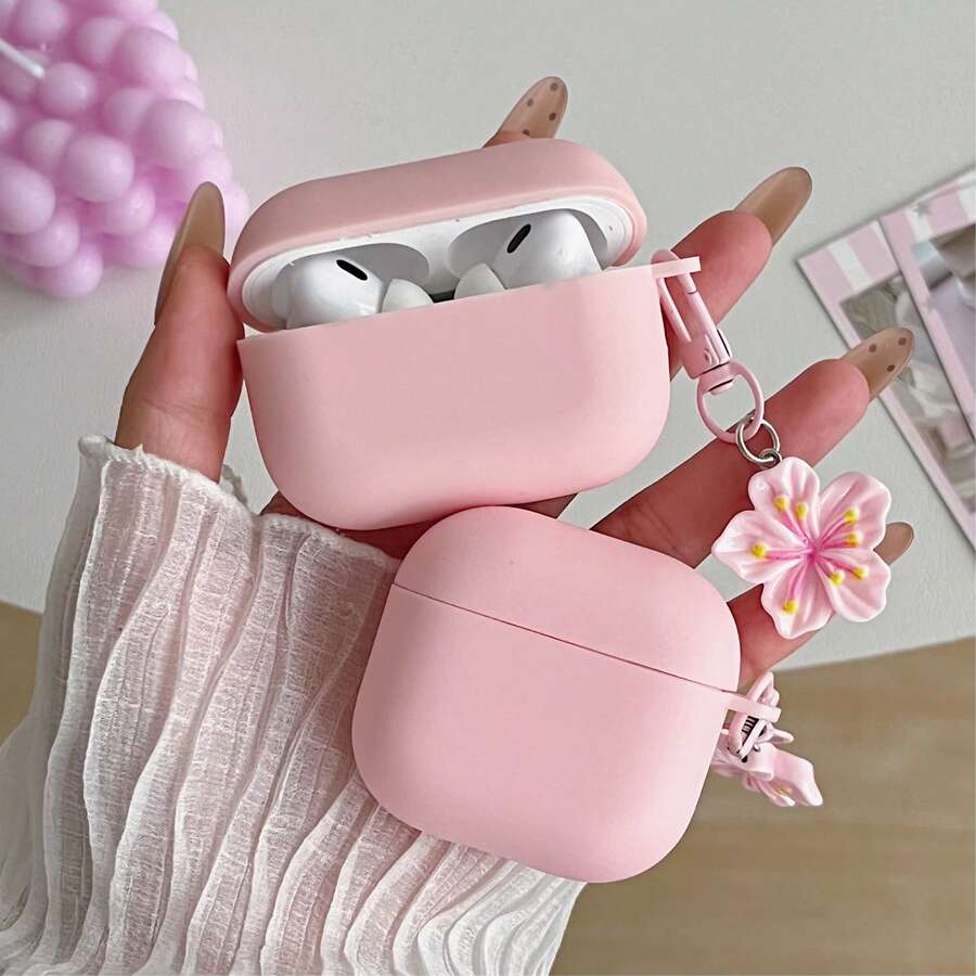 1件粉色與白色花卉鏈條耳機保護殼，相容 iPhone 1/2、3/Pro/Pro 2，無線 TPU 耳機保護套，送給男友/女友的禮物，適用於 4
