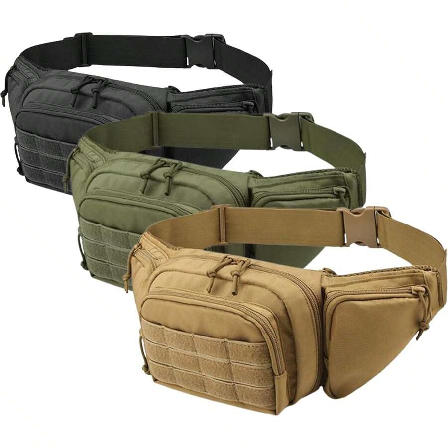 Molle 戰術腰包 斜跨腰/臀包,附 2 個拉鍊收納口袋、Molle 織帶面板、快拆扣,3 種攜帶方式,軍綠/黑色網狀肩帶,適合手機、鑰匙、錢包,適用於釣魚、旅行、日常運動與 EDC (Everyday Carry) 使用,適合男士戶外裝備 - 彩色 - 查看 1