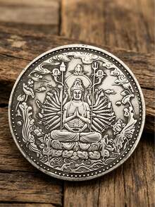 1pc Silver Ancient Coin Collectible Buddhist Thousand-Handed Avalokitesvara Heart Sutra Buddha Statue Auspicious Decor Gift - Multicolor - View 1