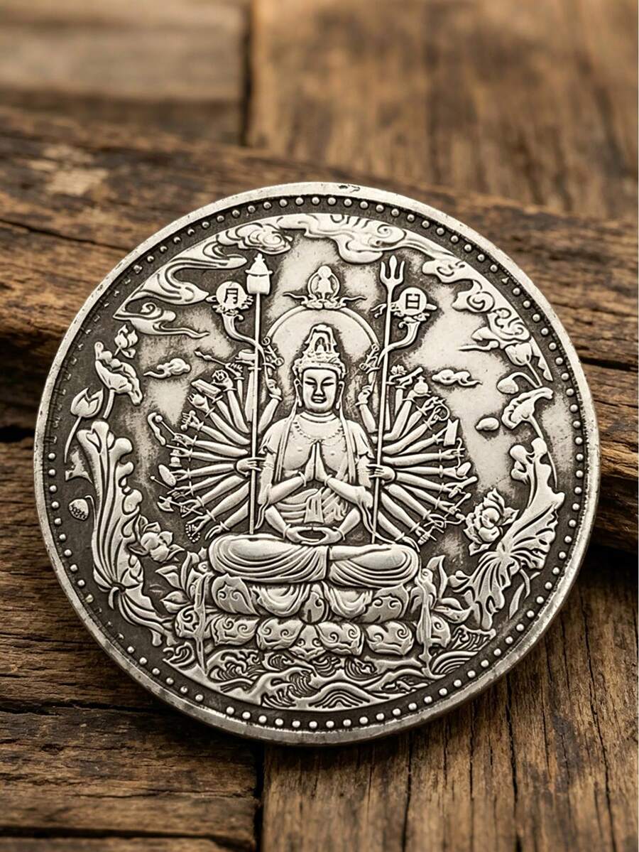 1pc Silver Ancient Coin Collectible Buddhist Thousand-Handed Avalokitesvara Heart Sutra Buddha Statue Auspicious Decor Gift - Multicolor - View 1